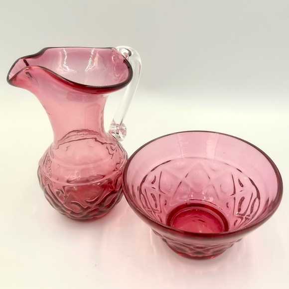 Other - VTG Cranberry Glass Creamer & Sugar Set Hand Blown Diamond Pattern Cottagecore